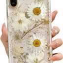 for iPhone X/iPhone Xs Clear Case with Pressed Real Flowers Design,Glitter Cute White Floral Pattern Slim Soft TPU Protective Women Girl's Phone Cover for iPhone X/Xs