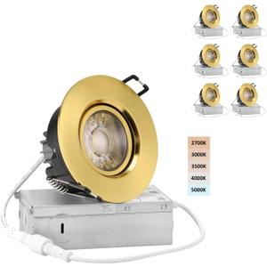 POPANU Premium Shiny Gold 3-inch LED Recessed Lights - 5 CCT 3 Inch Eyeball Ceilling Gimbal Potlight, Dimmable Recessed Lights Fixture with Junction Box, 8W CCT Adjustable, Shiny Gold, 6P