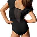 Batermoon Girls Dance Ballet Leotards Gymnastics Short Puff Sleeve Mesh V Back Outfits 5-14 Years (Black)