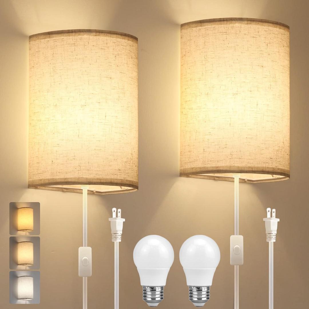 Plug in Wall Sconce, 3 Color Wall Sconces Set of Two, Industrial Lamp with Plug in Cord, Rustic Wall Sconce Fixture, On/Off Switch Vintage Wall Light Fixture for Headboard Bedroom Porch (Beige)