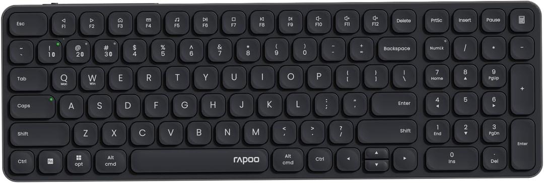 Rapoo E9350L Rechargeable Wireless Keyboard, Support 4 Devices, Ultra-Slim with Indicator Light, Quiet, 90-Day Battery Life, Full Size Keyboard with Numeric Keypad for Windows/Mac/Linux/Chrome, Black