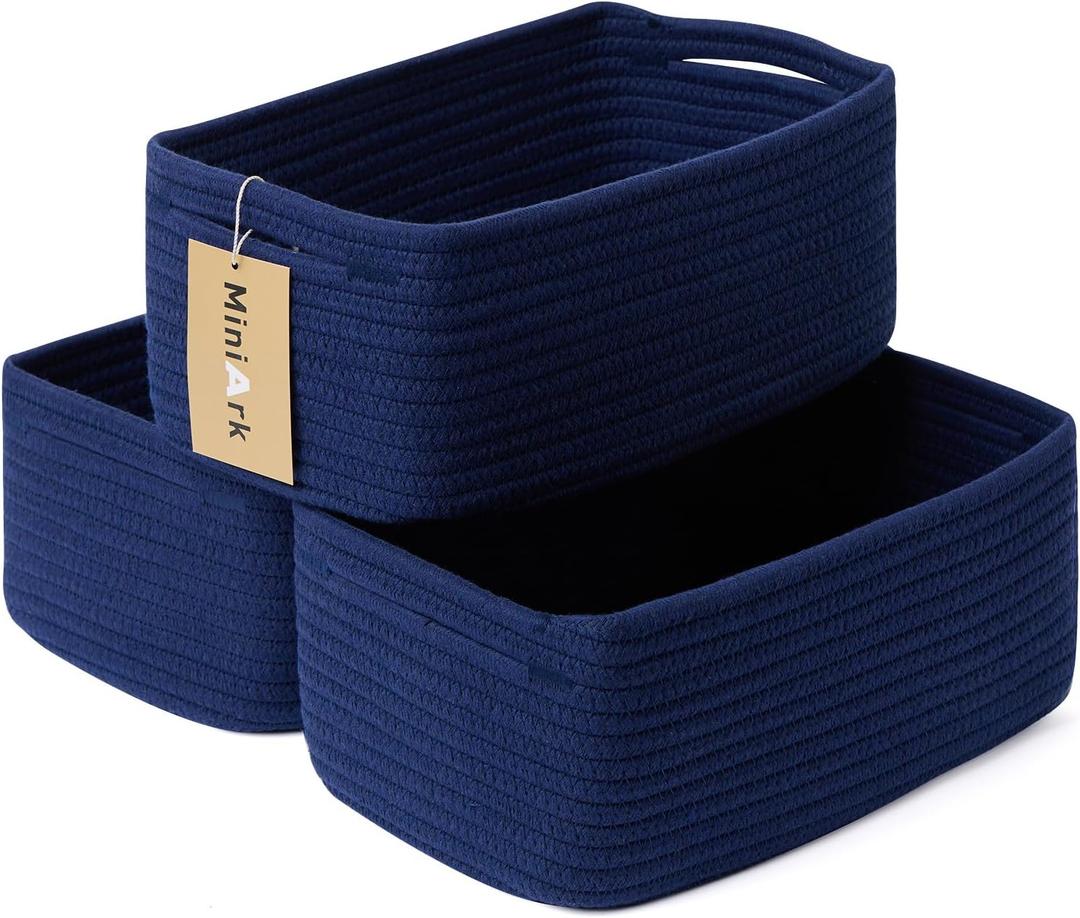 MiniArk Small Storage Baskets for Organizing | Closet Organizer Bins | Shelf Toy Basket | Woven Rope Baskets | Cube Decorative Box | Shallow Basket | 13x8.5x5.1 | 3 Packs Navy Blue
