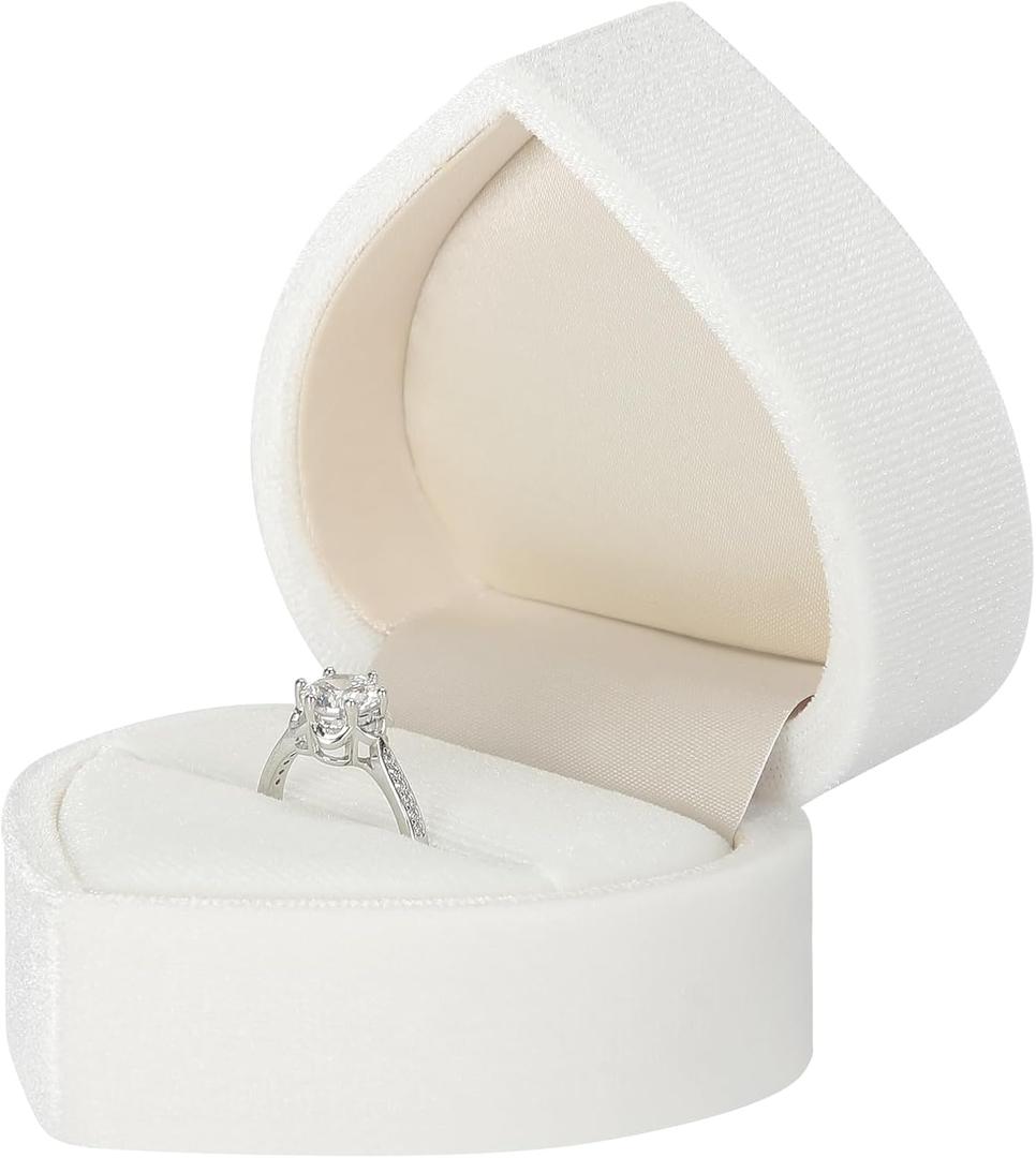 LETURE Velvet Jewelry Ring Gift Box, Heart-Shaped Wedding Ring Earring Stud Holder Case for Engagement, Proposal, Anniversary, Rings Storage Display Box (White)