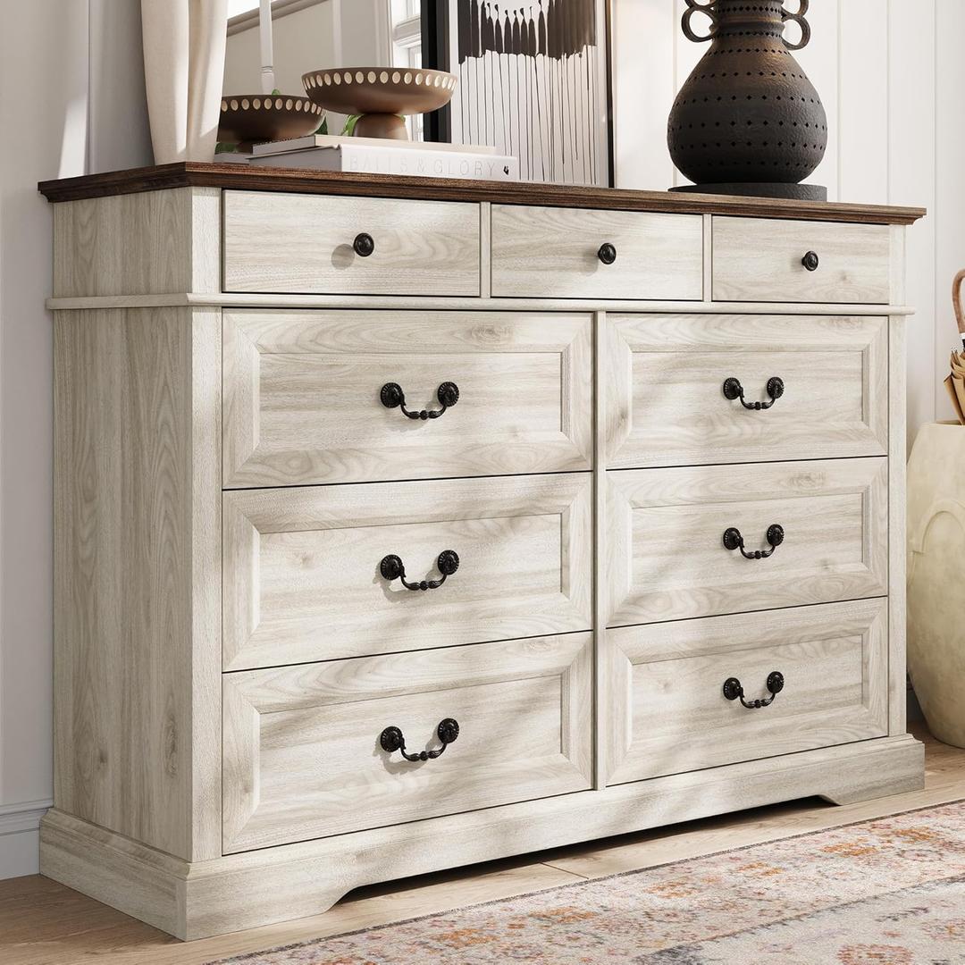 LINSY HOME Farmhouse 9 Drawers Dresser for Bedroom, Wood Bedroom Dresser Wide Chest of Drawers, French Country Storage Double Dressers Organizer for Closet, Living Room, Beige (15.7"D x 53.5" W x 36.8" H (9 Drawers))