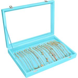 Necklace Organizer Box Premium 20 Hooks Velvet Necklace Display Jewelry Tray with Transparent Lid Jewelry Necklace Display Box for Necklace Pendants Suitable for Women and Girls (Light Blue)