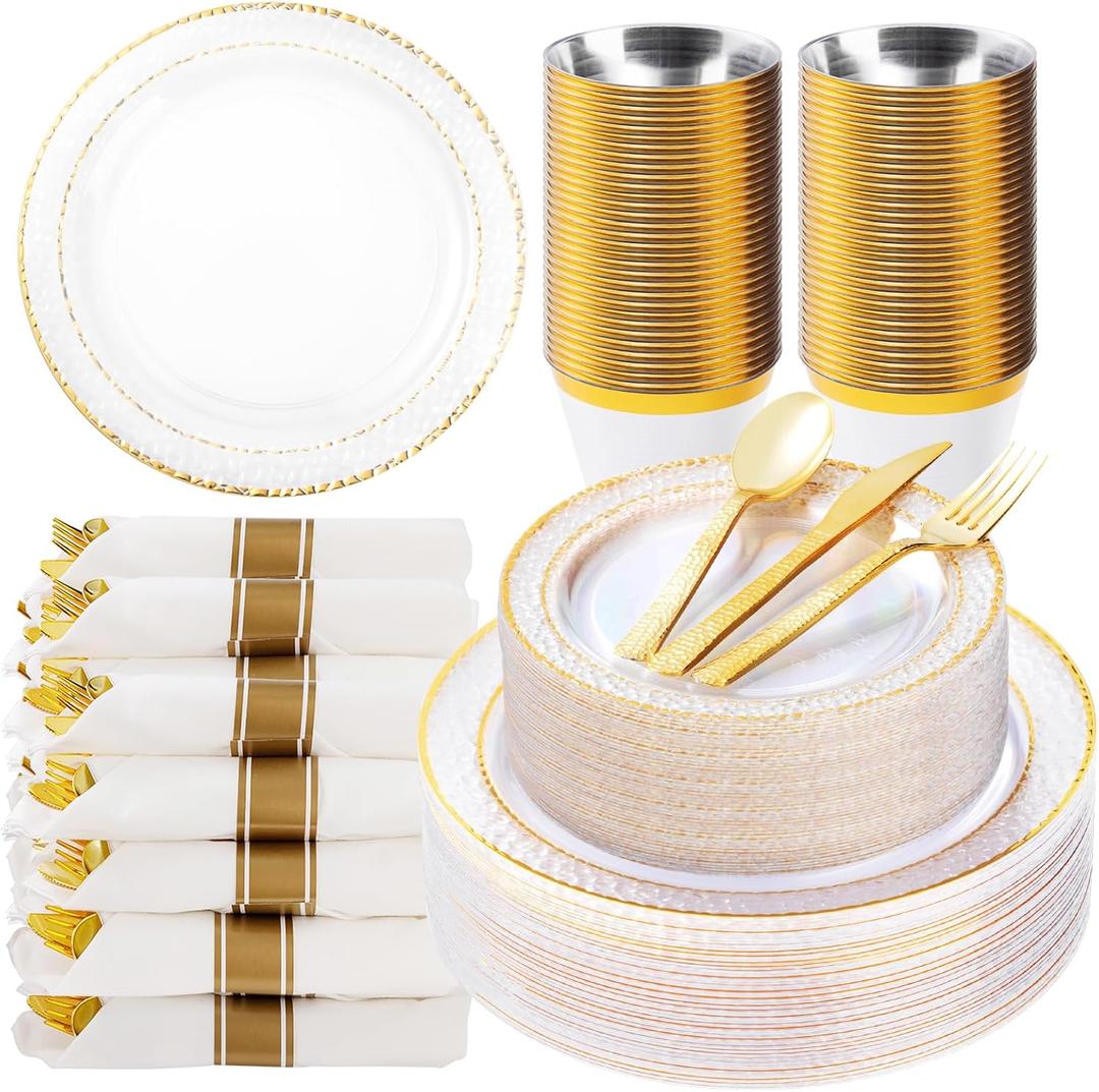 350PCS Clear Plastic Plates with Gold Trim for 50 Guests, Disposable Dinnerware Set for Party & Wedding, Includes 100 Plastic Plates, 50 Pre Rolled Napkins with Gold Silverware, 50 Cups (50 Guests Set)