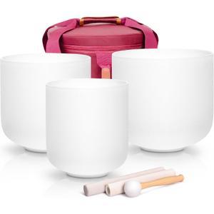 Alioth (6"G+7"C+8"A) Set of 3 Crystal Singing Bowls with Sturdy Carrying Case and Singing Bowl Mallets