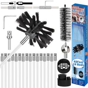 48 Feet Dryer Vent Cleaning Kit, Chrome Button Locking System, Lint Removes, Dryer Vent Cleaning System, Dryer Vent Cleaner Kit Vacuum Attachment with Vacuum Adapter, Dryer Adapter