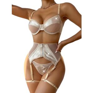 WDIRARA Women's Rhinestone Ring Linked Contrast Mesh Underwear Sleeveless Backless Lingerie Set (Small, Apricot)