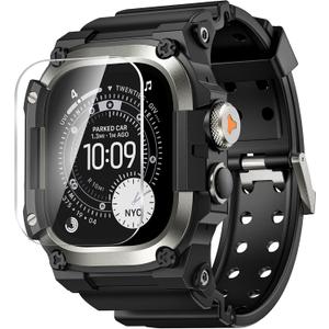 Goton Rugged Case with Band for Apple Watch Ultra 3/2/1 49mm, Military Grade Shockproof Cover + Screen Protector Kit for iWatch Band Men, Skin-Friendly TPU Strap for Outdoor Adventures (Titanium)