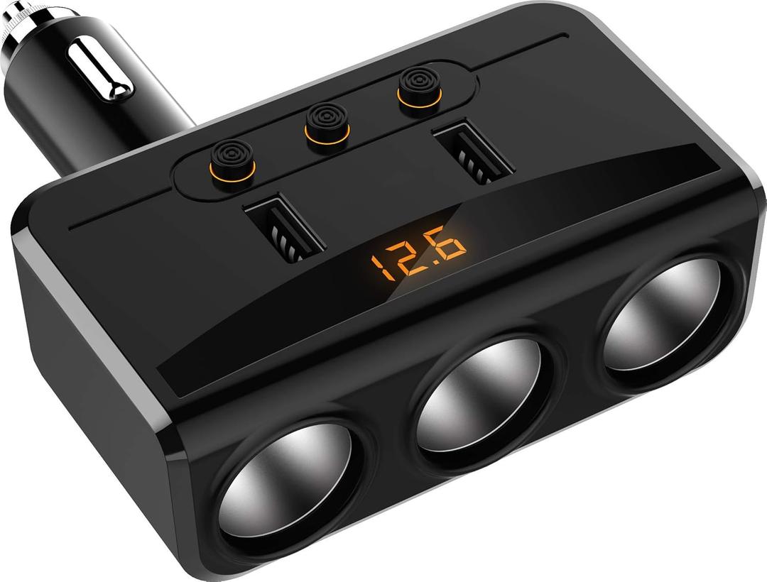 LIHAN 3 Socket Cigarette Lighter Adapter, Car Charger Plug Splitter with Dual USB Ports, 12V/24V Meter Monitor, Compatible with iPhone, LG, HTC, Samsung etc (Large)