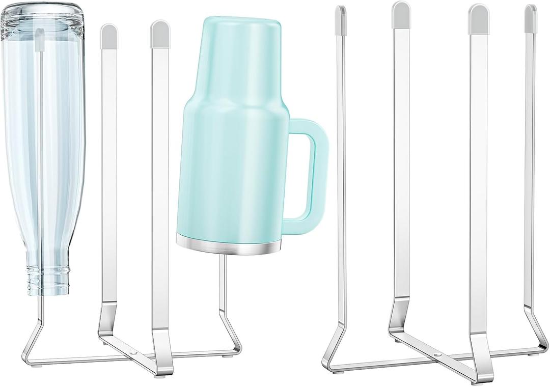 Bottle Drying Rack Reusable Drying Rack for Bottles Metal Foldable Water Bottle Dryer Holder Space Saving Cups Dryer Racks Kitchen Stand Holder for Plastic Bags, Bottles and Cups (Silver, 2PCS)