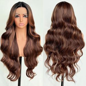 FABLLE Ombre Brown Lace Front Wig Synthetic Wig Brown Highlight Wig Body Wave HD Lace Frontal Glueless Pre Plucked Bleached Knots Skunk Stripe 30 Inch