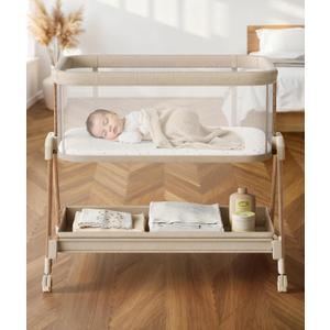 Fodoss Baby Bassinets Bedside Sleeper - 3-in-1 Baby Bassinet with Wheels, Soft Mattress, Storage Tray, Full-Mesh Sides, 7-Height Adjustable Crib for Newborns (Beige Tweed+wood Grain)