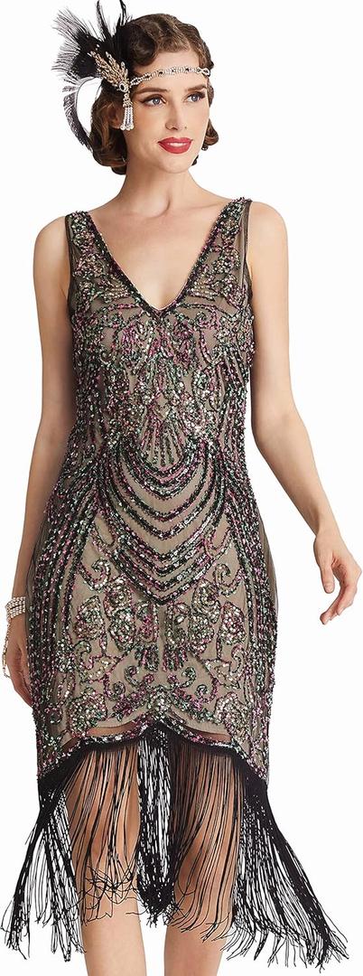 BABEYOND Flapper Dresses 1920s V Neck Beaded Fringed Great Gatsby Dress (Small, Black Apricot)