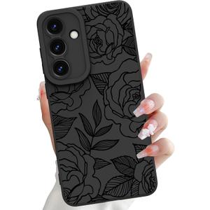 OOK Compatible with Samsung Galaxy S25 5G Case, Silicone Black Flowers Floral Rose Cute Pattern, TPU Camera Protection Soft Slim Shockproof Phone Cover for Women Girls- Black Rose