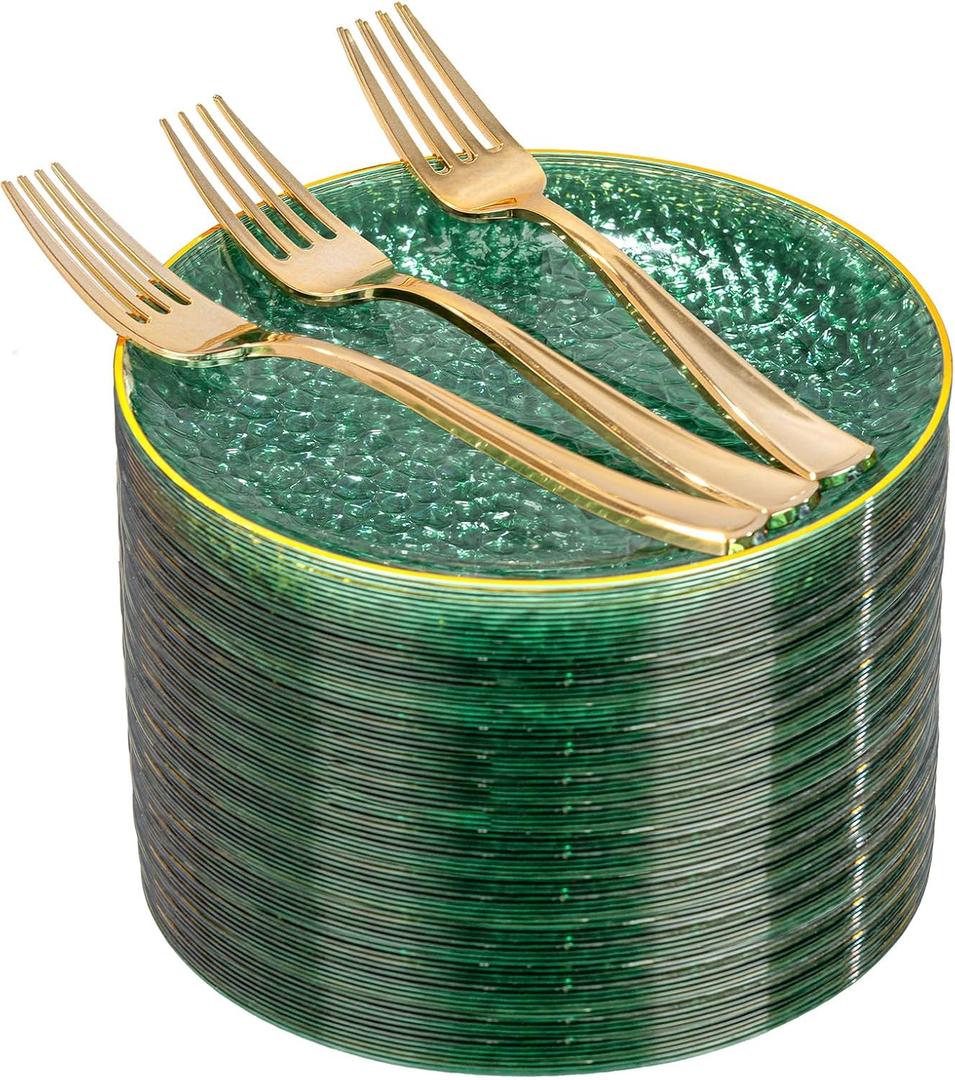 DaYammi 240Pcs Green Plastic Plates Including 120Pcs Dessert Plates and 120Pcs Gold Forks,Hammered Party Plate,Green Gold Appetizer plates Heavy duty Disposable Plastic Plate for Party Birthday Dinner