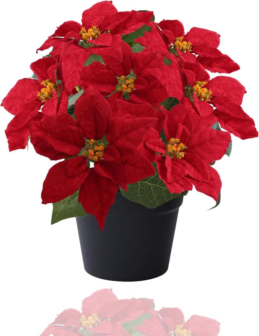 Poinsettias Artificial Christmas Flowers Red Faux Poinsettia Outdoor 15 Inch Winter Flowers for Home Office Table Decorations Indoor Outdoor Xmas Ornament