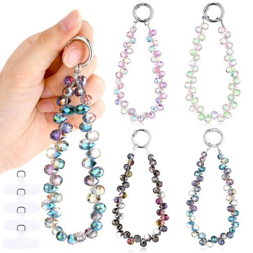 Quelay 4 Pack Crystal Phone Wrist Strap Beaded Cell Phone Lanyards Wrist Charms with Tether Tab Bling Cellphone Wristlet Bracelet Strap for Women