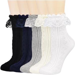 BIVOLU Womens Crew Socks Lace Ruffle Frilly Cotton Cute Princess Ankle Dress Socks for Girl 5 Pack (M)