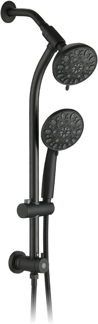 High Pressure 48-Settings Shower Head with Handheld Shower,Drill-Free 3-Way Diverter for Easy Reach,Adjustable Height Slide Bar Dual Shower Head Combo Set - Matte Black