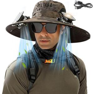 Solar Fan Hat for Men Women, Wide Brim UPF50+ Sun Hat with 2 Removable Fan 3-Speed Wind Solar&USB Charging (Camo Khaki)