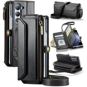 Crossbody Wallet Case Compatible with Samsung Galaxy Z Fold 5 with RFID Blocking Card Holder & Pen Holder Slot Soft PU Leather Shoulder Strap Zipper Pocket Purse Fold 5 Phone Case, Black