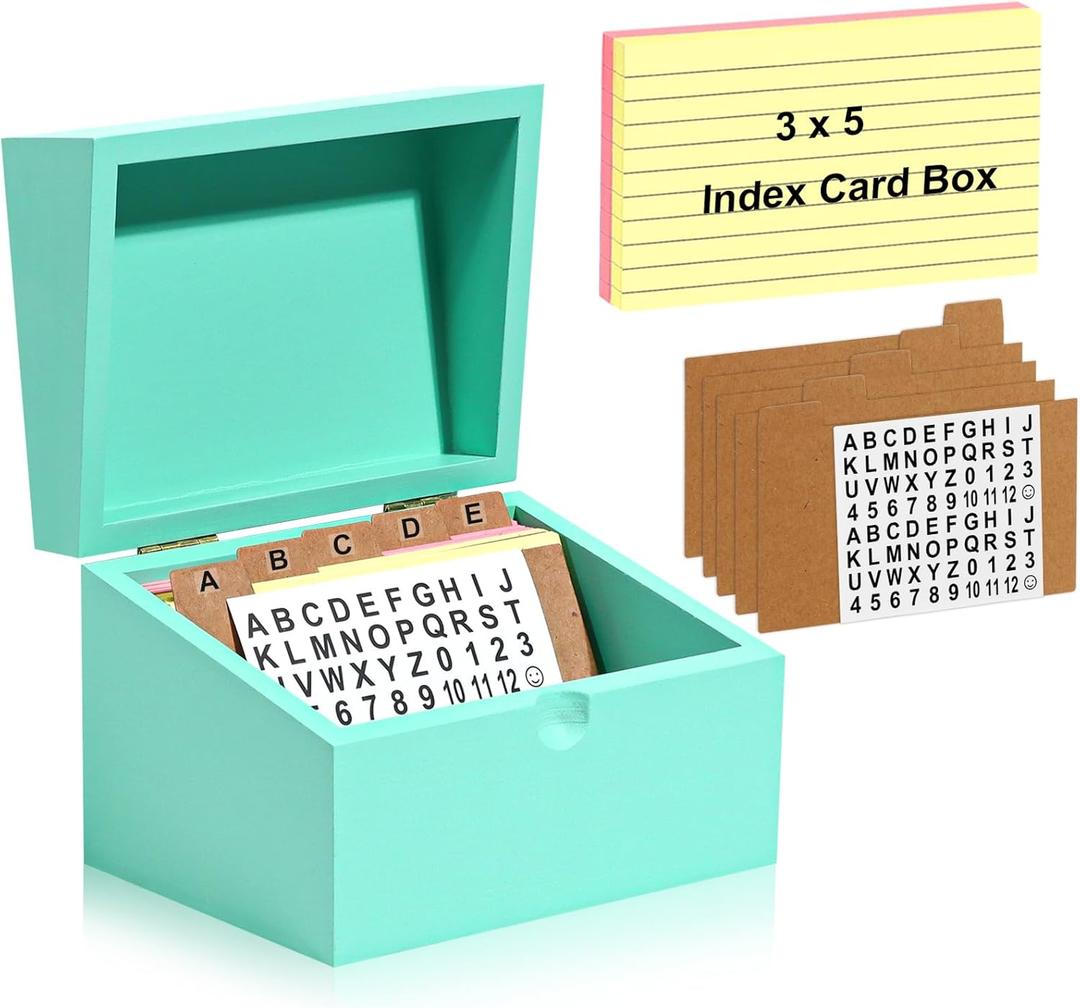 3 x 5 Index Card Organizer Wood Index Card Box Blue Index Card Holder Bamboo Recipe Card Holder with 100 Ruled Lined Index Cards 5 Kraft Dividers A-Z Stickers for Holds 400 Cards Tabs Flash Cards