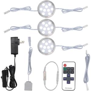 Meigour Kitchen Above Under Cabinet Lights Kit, Linkable Daisy Chained Wired Round LED Puck Light, Wireless Remote Dimmable, 120V to 12V Wall Plug in Counter Lighting Fixture, 3 Lights, Cool (White)