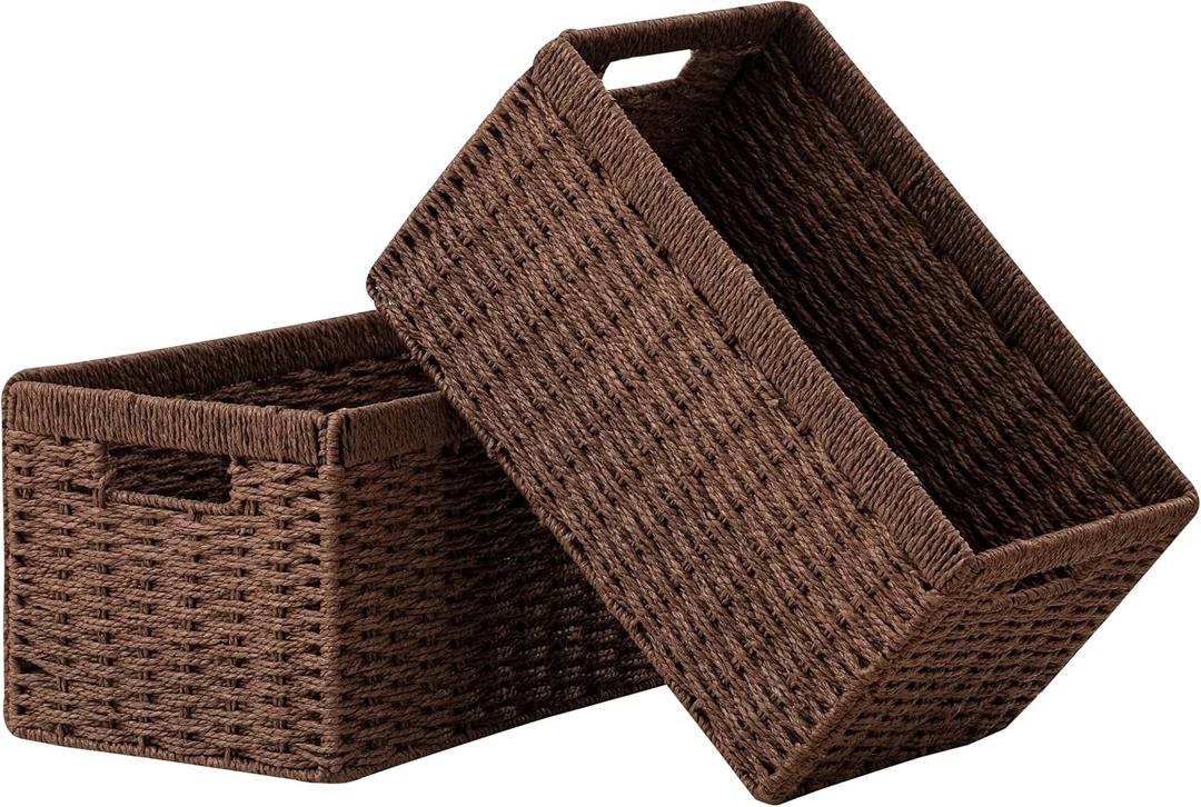 UBBCARE 2 Pack Wicker Basket, 13.4L8.3H7.1W inch Woven Paper Rope Storage Baskets for shelves, Foldable Rectangular Storage Baskets with Handle, Storage Basket for Organizing, Dark Brown