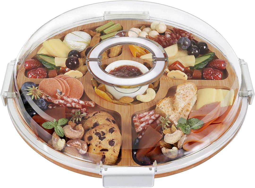 Round Charcuterie Board with Clear Lid, Travel Picnic Portable Cheese Board Charcuterie Boxes, Meat Fruit Serving Tray Platter, House Warming Gifts New Home, Gifts for Women, White, 5 Compartments