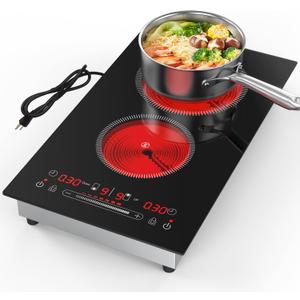 Electric Cooktop 110V,2400W 2 Burner Electric Cooktop,Countertop and Built-in Stove top with11 Power Levels,Child Safety Lock, Timer, LED touch control,Overheat Protection