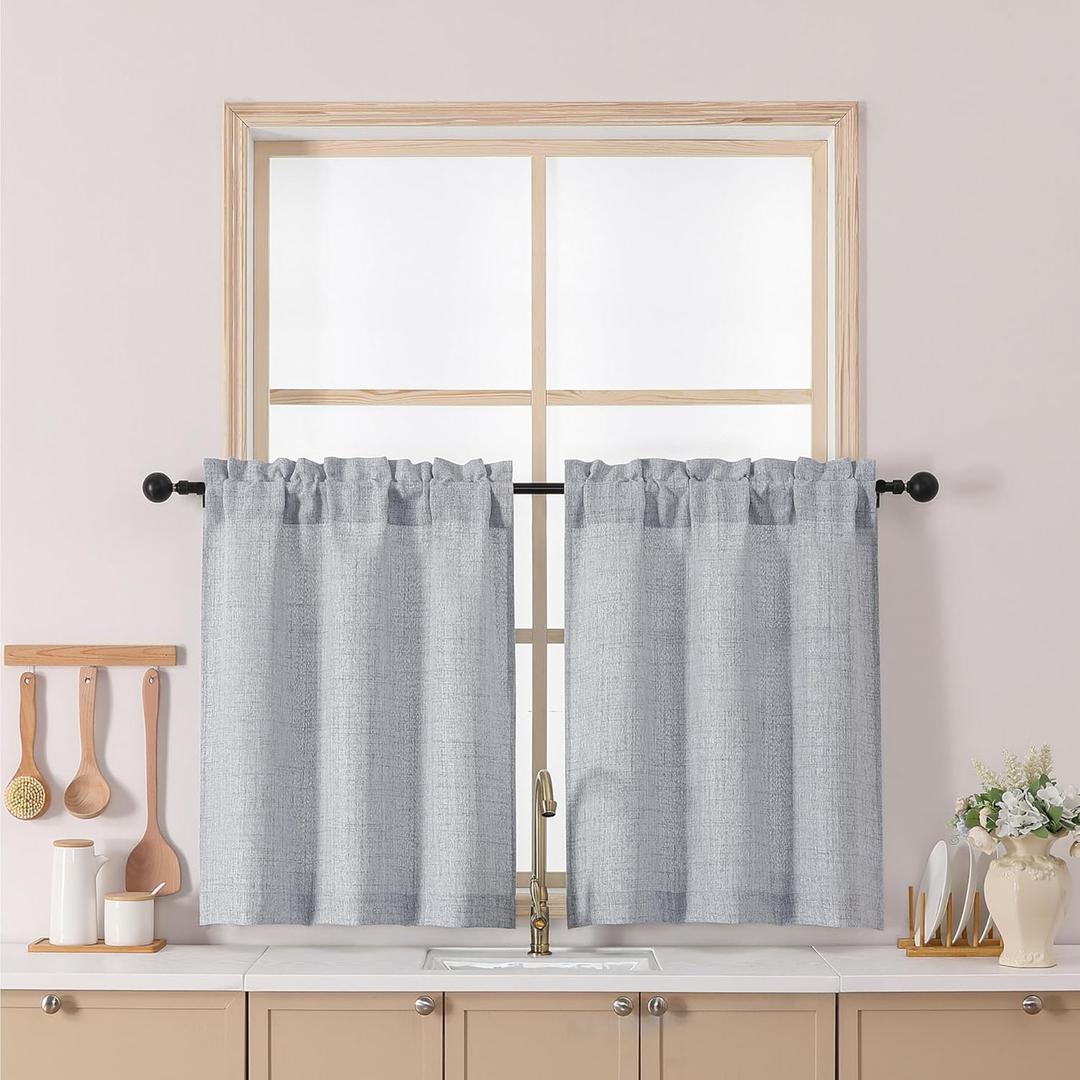 Chyhomenyc Gray Cafe Curtains 30 Inch Length, Light Filtering Faux Linen Slub Textured Small Curtain Over Sink, Half Window Short Curtains for Cabinet Bathroom Basement, 30Wx30L Inch, 2PCS, Grey