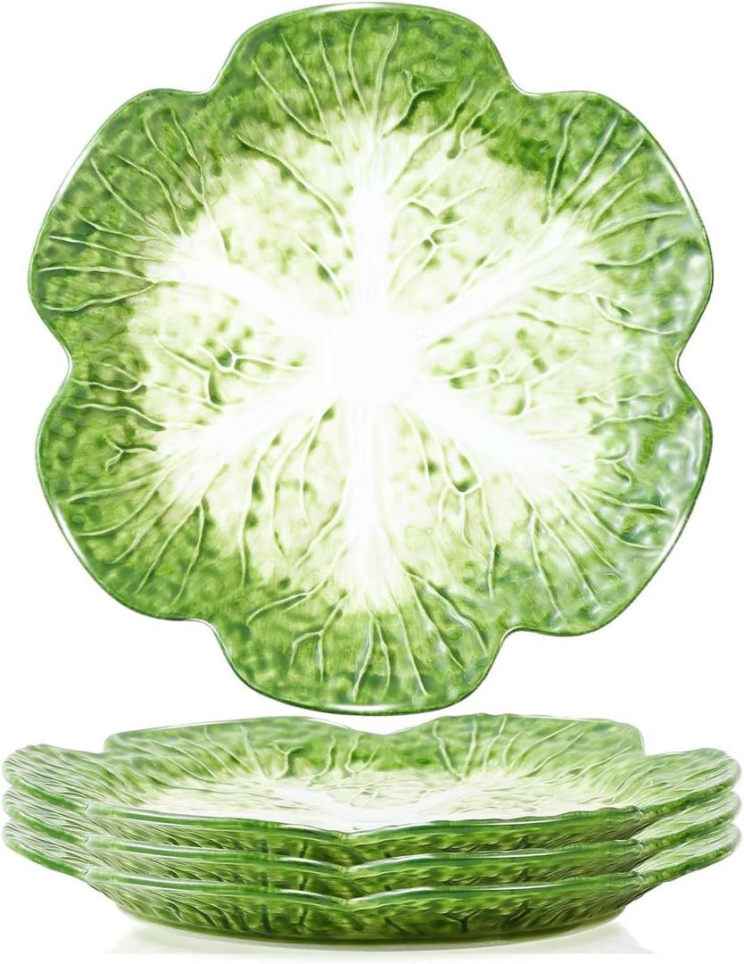 KXZ 10.5 Inch Cabbage Plates, Set of 4 Green Ceramic Salad Plate, Porcelain Decorative Plates for Kitchen, Round Appetizer Bowl for Dessert, Decorative, Dinner, Pancakes, Steak