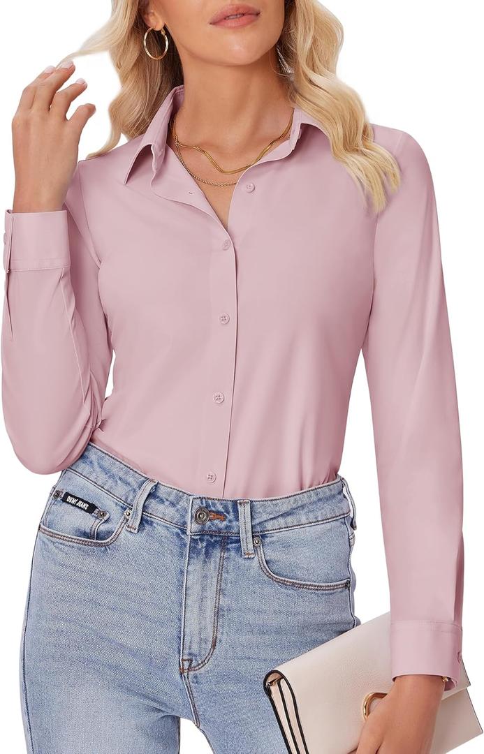 siliteelon Button Down Shirts for Women Slim fit Long Sleeve Stretch Dress Shirts Work Shirt Wrinkle Free Office Blouses (Medium, Pink)