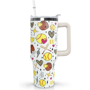 Ceovfoi 40 Oz Softball Tumbler With Handle, Softball Coffee Travel Mug Cup Water Bottle, Softball Decor, Softball Gifts for Women