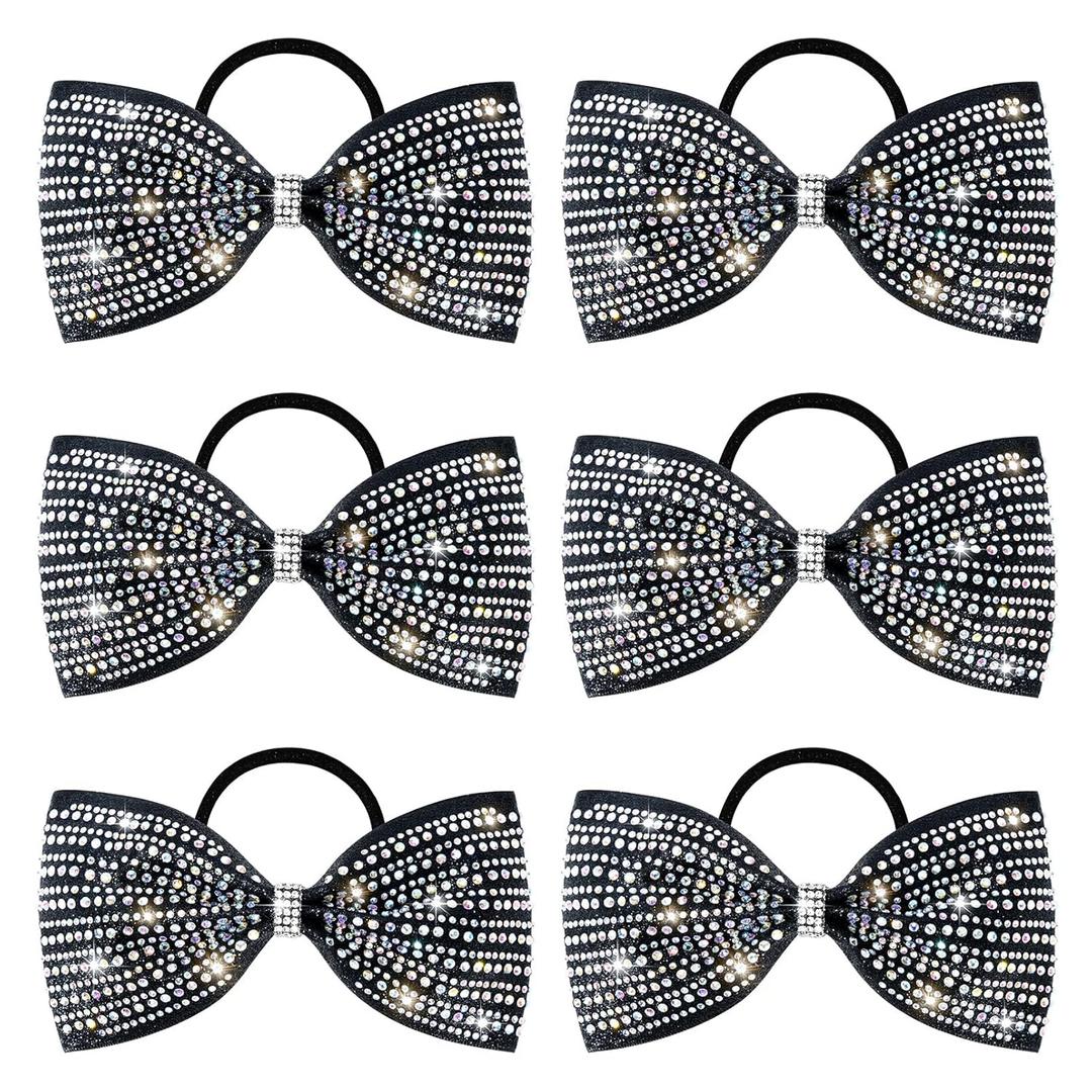 DEEKA 6 PCS Black Glitter Tailless Cheer Bows 5" Rhinestones Competition Hair Bow Elastic Band for Cheerleading Cheerleaders Girls (Glitter Black)