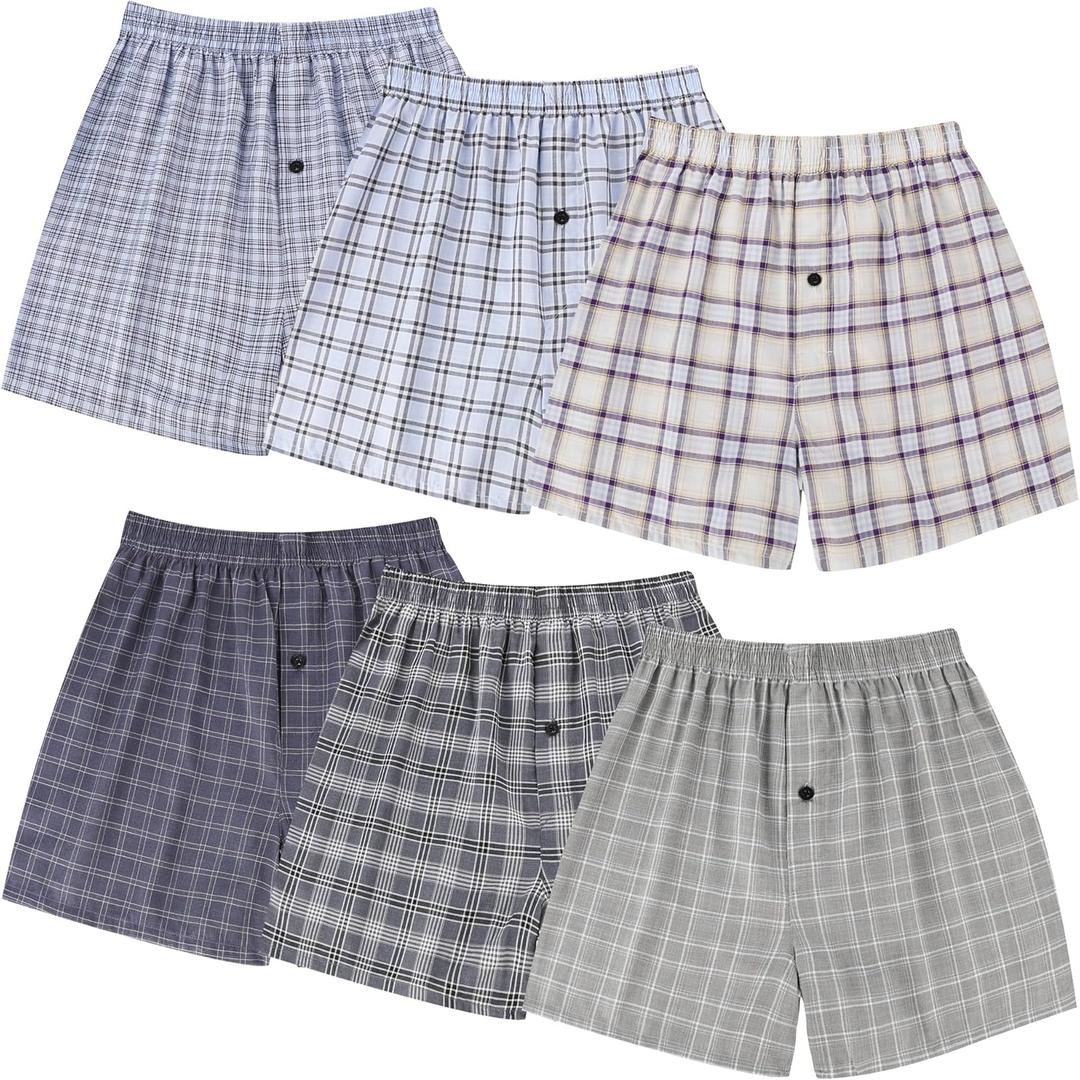 BAMBOO COOL Men's Woven Boxer Shorts,Classic Relaxed Fit,Lightweight Plaid Boxers underwear,6 Pack (Large)