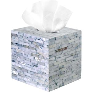 PEMAR Mother of Pearl Inlay Decorative Tissue Holder - Handcrafted Wooden Tissue Box Cover for Small Cube Tissue Boxes Only (Max Inner Size 4.7) for Bathroom, Living Room & Office (Blue)