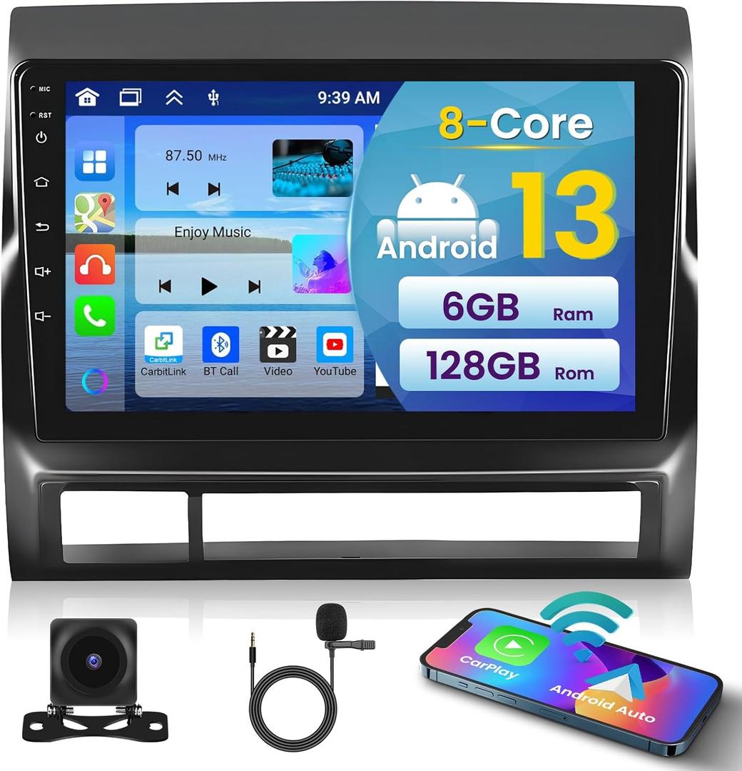 [8 Core 6G+128G] Android Car Stereo for Toyota Tacoma 2005-2015 with Wireless Carplay Android Auto, 9 Inch HD Touchscreen with GPS WiFi FM/RDS Radio Bluetooth 32EQ/DSP SWC Backup Camera MIC