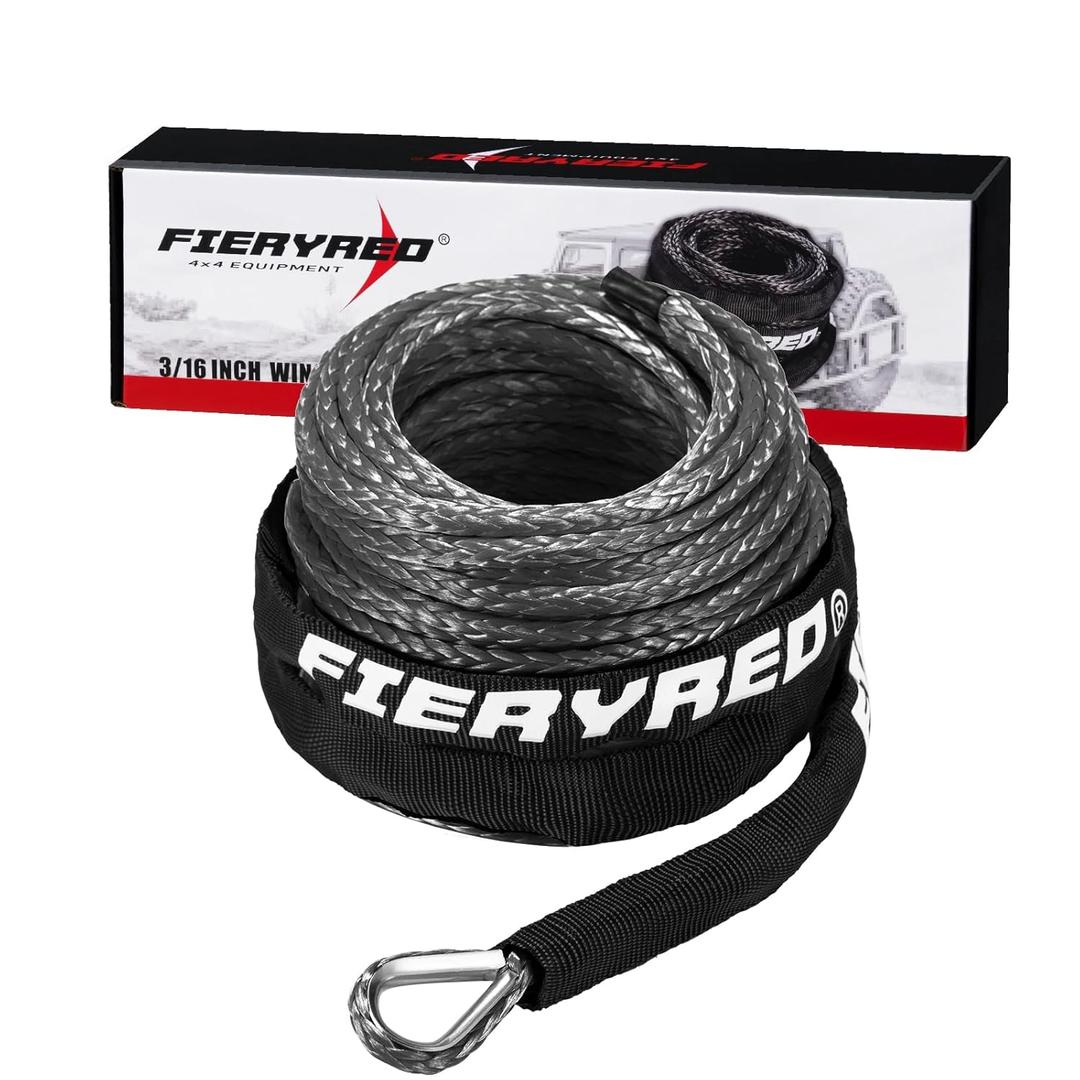 FieryRed 3/16 Winch Rope Cable,50 FT 8500 LBS ATV/UTV Synthetic Winch Rope, Winch Line Replacement with Protective Sleeve Suits for 2000 to 3500LBS Winch, (Gray)