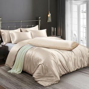 Ersmak 6 Pieces Satin Duvet Cover Full/Queen Size Luxury Silky Bedding Duvet Cover Set with 1 Soft Duvet Cover, 4 Queen Pillowcases and 1 Body Pillowcase, Beige (Beige (No Comforter))