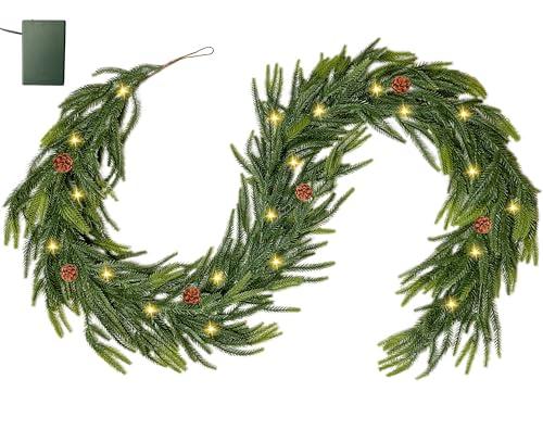 Crblowh 6 Ft Norfolk Pine Garland, Christmas Garland with Lights Automatic ON/Off, Christmas Decorations Indoor Outdoor, Real Touch Artificial Cedar Garland for Table, Fireplace, Mantle, Wall
