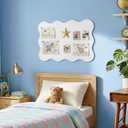 Scalloped Bulletin Board, 36x24 Scalloped Felt Bulletin Board, 3' by 2' Trifold Foldable Picture Display with 20 Pins & 5 Cute Decors - White