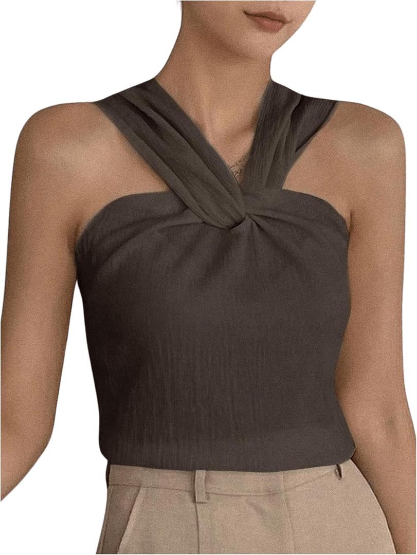 SweatyRocks Women's Twist Front Sleeveless Tank Top Wide Strap Slim Fitted Summer Tops (Large, Coffee Brown)