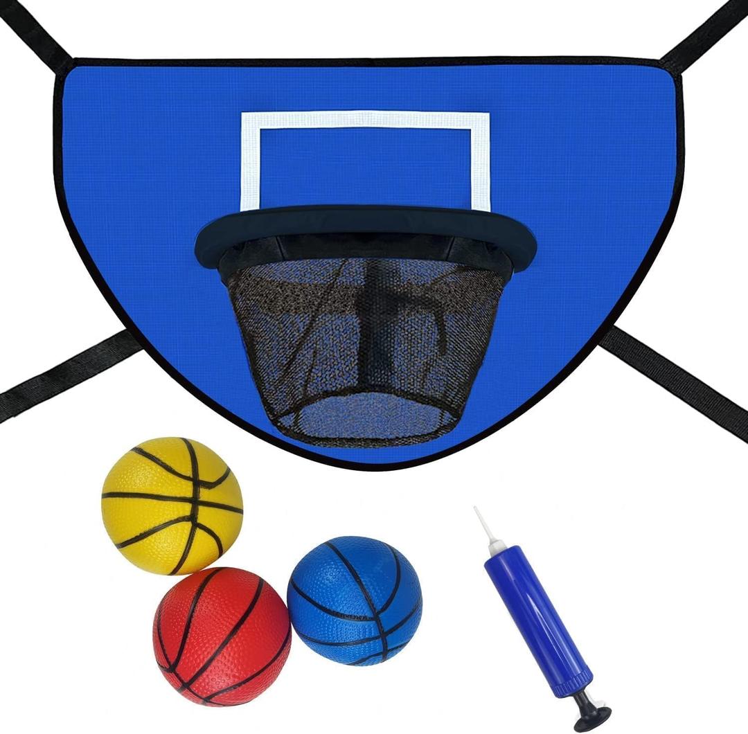 Trampoline Basketball Hoop with Pump and Mini Ball, Waterproof, Sunscreen Soft Materials, Easy to Assemble Sturdy for Dunk Fit, Trampoline Accessory (Blue)