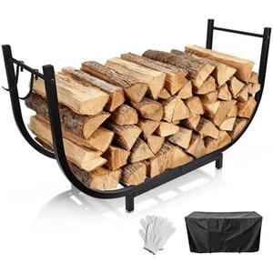 Firewood Rack Outdoor w Thicken Cover, 35 Inch Indoor Firewood Rack - Stable Curved Firewood Storage Heavy Duty & Rustproof Metal Firewood Holder w Hook for X-mas Decorations or Tools Nearby Fireplace