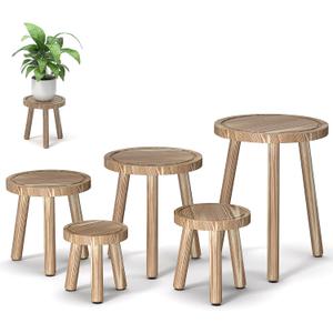 5-Pack Wood Plant Stands Indoor, Single Plant Stand for 6-12 Inch Pots, Mid-Century Modern Plant Stool, Tall Plant Stand for Large Plants for Living Room, Balcony, Office (Light Brown)