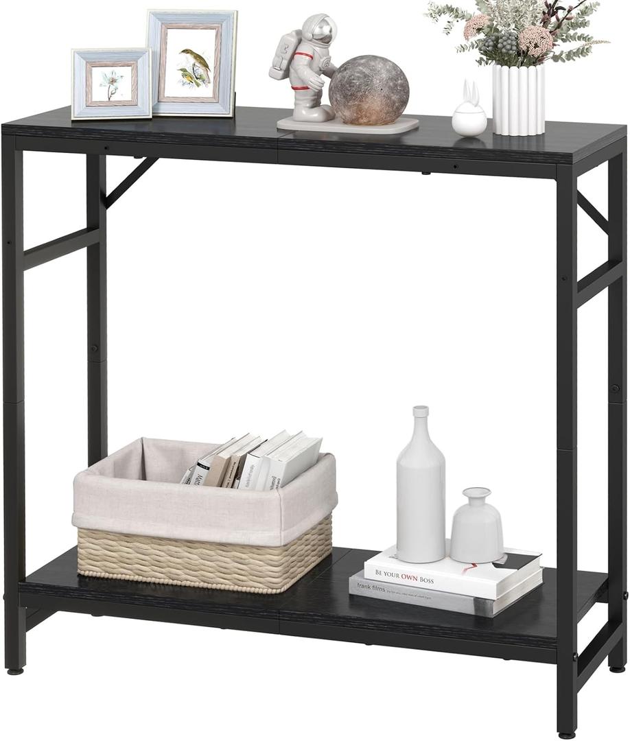 Narrow Industrial Console Table - 2 Tier, Thin Black Couch Table for Living Room, Bedroom, Hallway, Foyer
