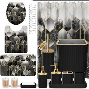 XLHOMO Bathroom Set - 26PC Bathroom Set with Shower Curtain and Rugs, Bathroom Accessory Set, Black Bathroom Accessories Set, Trash Can & Soap Dispenser